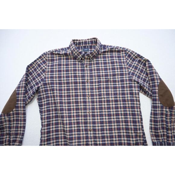 J Crew Flannel Camp Shirt Faux Leather Elbows Button Up Long Sleeve Mens Sz XL - Picture 5 of 8